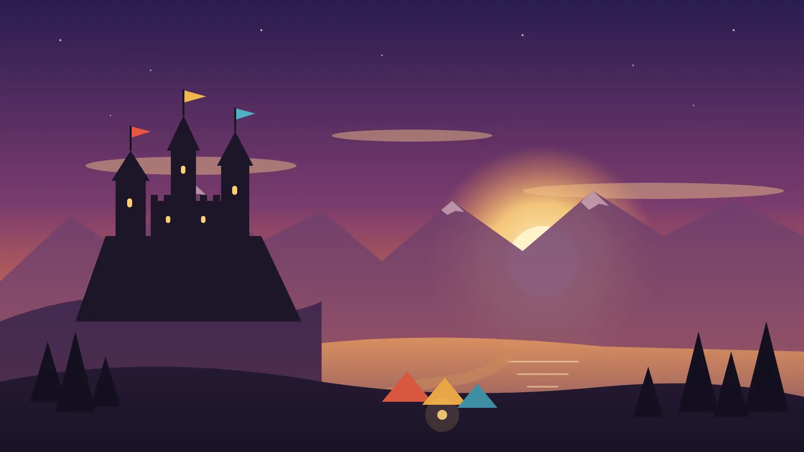 Illustratie in de sfeer van Albion Online: een middeleeuws kasteel met wapperende banieren op een rots bij zonsondergang, met marktkramen aan een meer op de voorgrond.