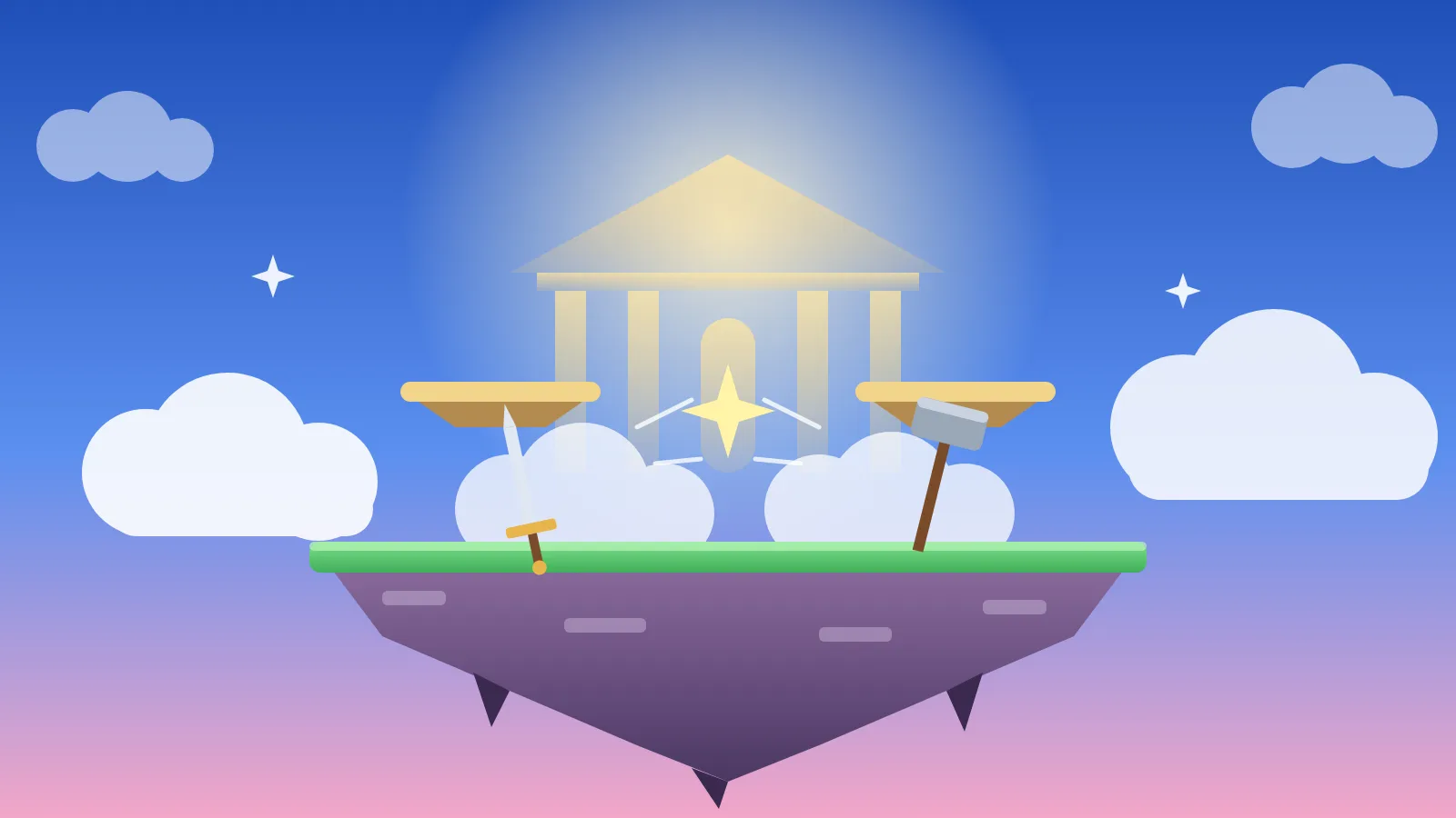 Illustratie in de sfeer van Brawlhalla: een zwevend speelveld tussen de wolken met twee kleinere platforms, een zwaard en een strijdhamer, en een gouden hal in de lucht.