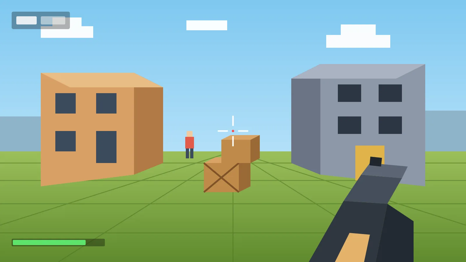 Illustratie in de sfeer van Krunker: een first-personbeeld in blokjesstijl met een vizier, houten kisten en blokvormige gebouwen op een groen speelveld.