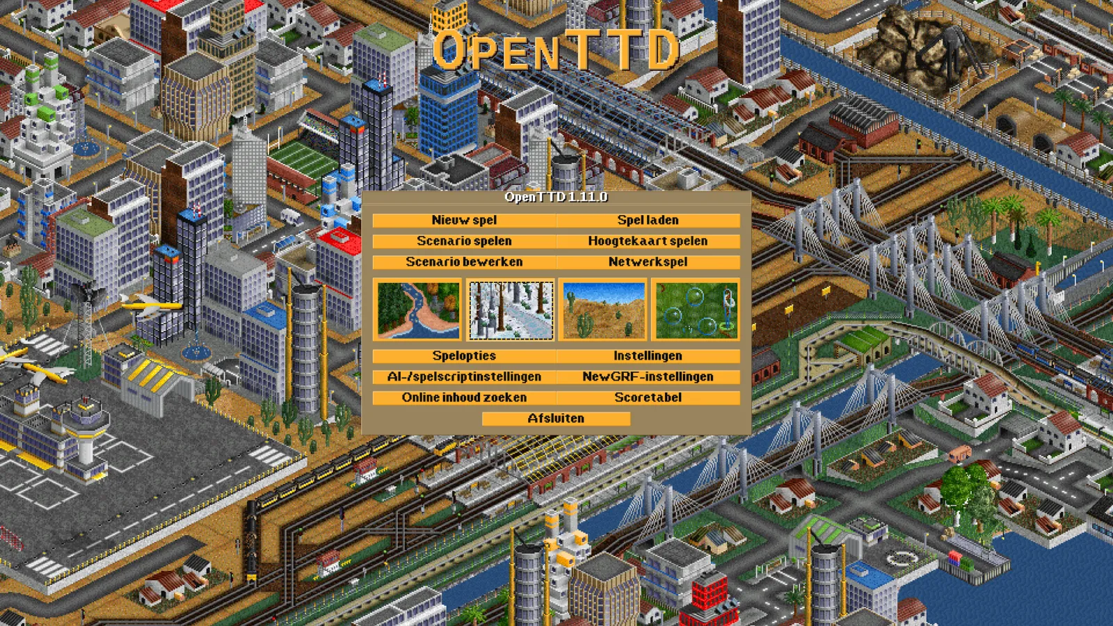 Screenshot uit OpenTTD met het Nederlandstalige hoofdmenu boven een drukke stad met wegen, spoorlijnen, gebouwen en een rivier.
